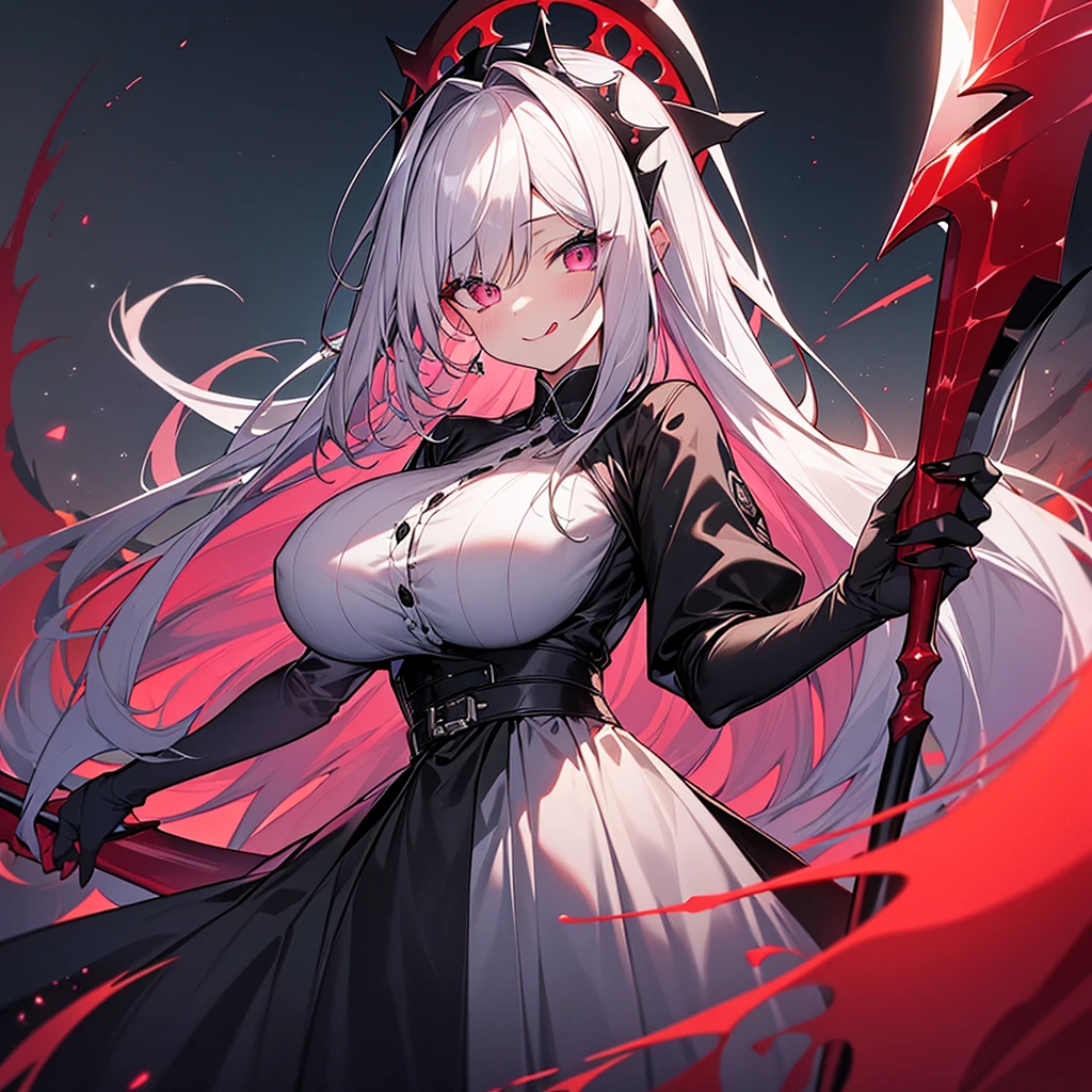 4K、Super detailed、Silver Hair、Slanted Eyes、Pink Eyes、fair skin、black gothic dress、Queen、Has a big scythe、grim Reaper、big breasts、Standing under the red moon、red nailouth open and tongue out、high quality、High resolution