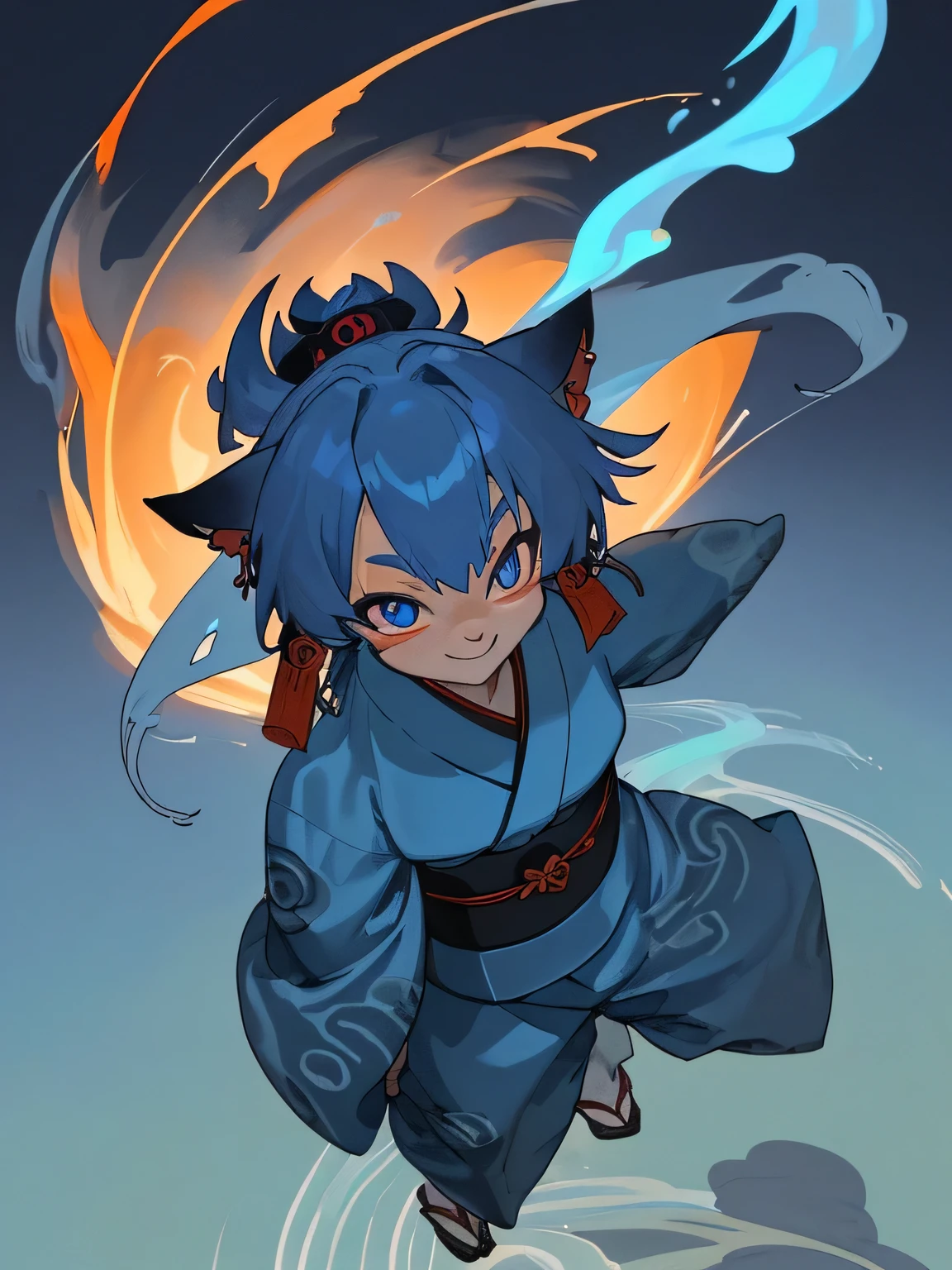 Blue fur juvenile,canid,Dressed like a samurai,Short kimono,Large earrings,Blue shining eyes,Fearless smile,Cool scene,View from above,Cute design,Blue Flame,fireball,Furry,juvenile,Furry,Indigo Hair,Background of the old Japan city