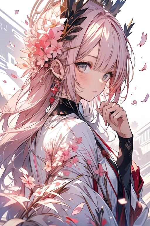 (White background:1.4),(White dirt road, Oriental elements),(Nature Illustration Spring:1.3,paper art:1.3, Quilted Paper Art:1.2),( Reasonable design, Clear lines, High Sharpness,Best Quality, Very detailed, masutepiece, Movie Light Effects, 4K )(Cherry leaves、Cherry blossoms in spring:1.0)、Many cherry blossoms flutter、the wind、Background with、Spring-like、Girl Facing Left、Pink petals、A large number of cherry petals、very light pink hair、long