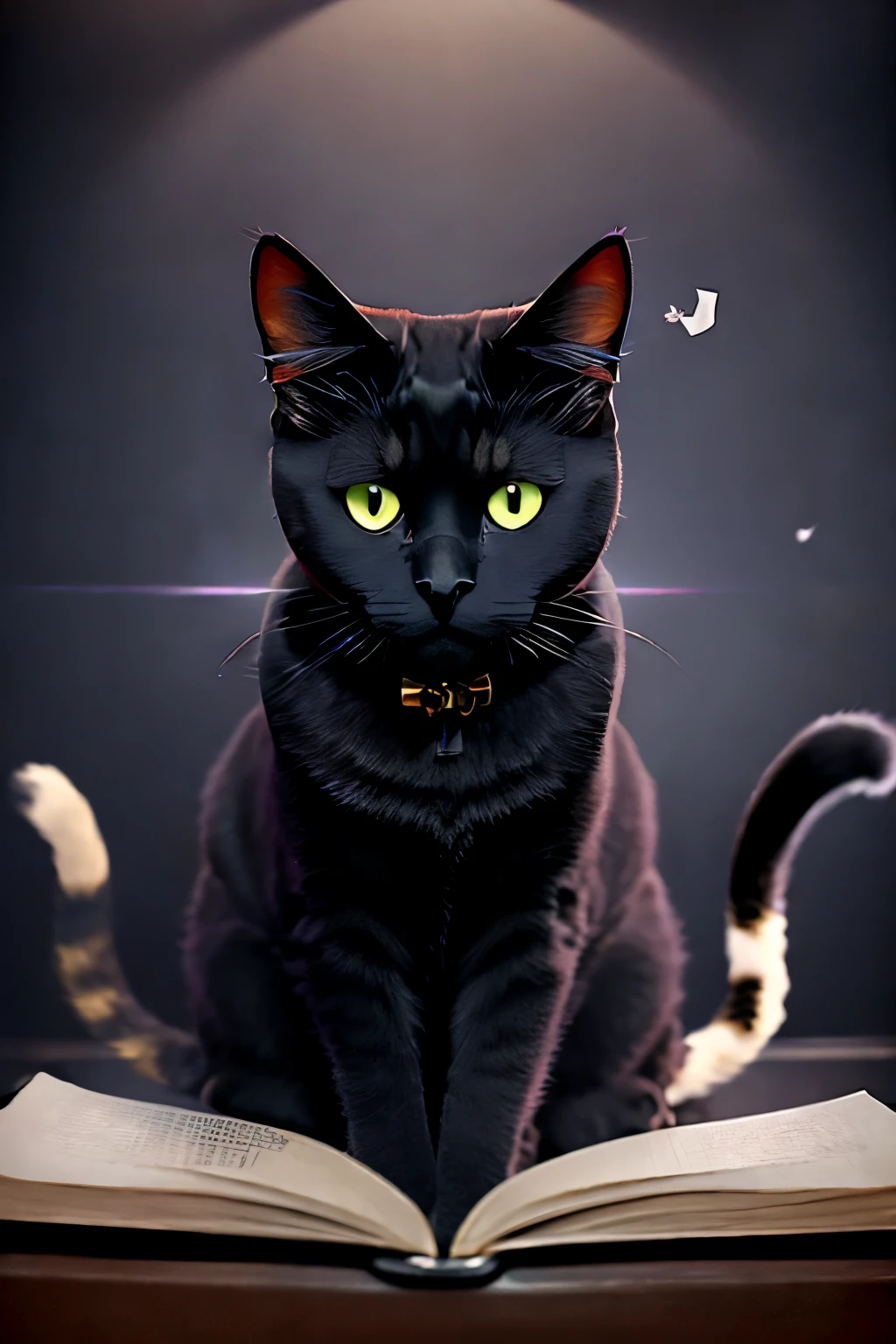 ((magician Black Cat:1.4)), (animal), ((Cat:1.4)), Black bow, Floating magic book, Dressed up as a magician, Dark background, outside border, UHD