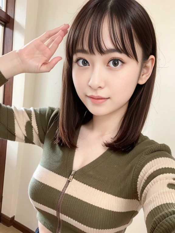 Raise your hand to the camera、Camouflage uniform、Wearing a medal、Japanese women,（whole body）、mini skirt、26 years old、 Very beautiful face,  Beautiful girls, Beautiful realistic face,  