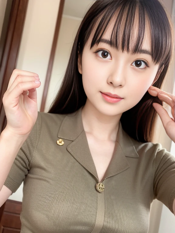 Raise your hand to the camera、Camouflage uniform、Wearing a medal、Japanese women,（whole body）、mini skirt、26 years old、 Very beautiful face,  Beautiful girls, Beautiful realistic face,  