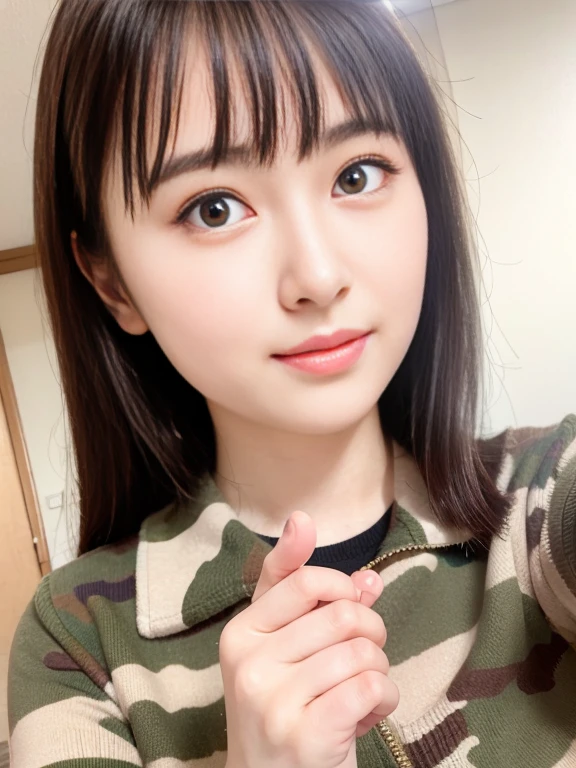 Raise your hand to the camera、Camouflage uniform、Wearing a medal、Japanese women,（whole body）、mini skirt、26 years old、 Very beautiful face,  Beautiful girls, Beautiful realistic face,  