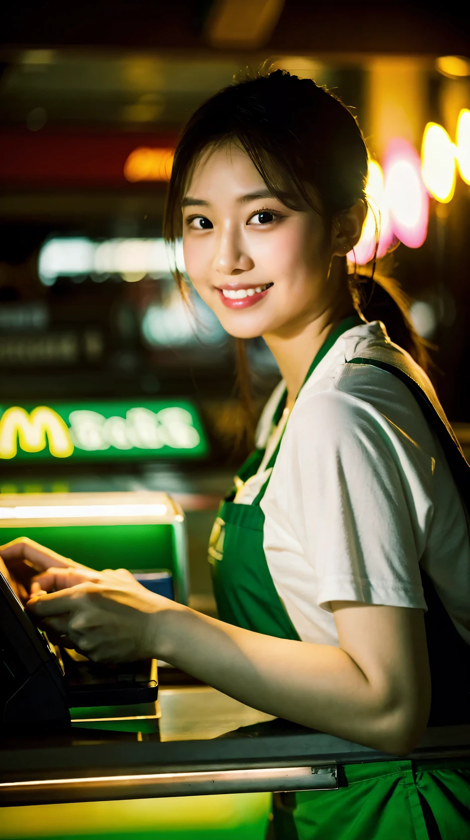 masterpiece, high quality, sharp focus, (1girl), plump McDonald's Cashier, McDonald's, 1girl, rim lighting, looking at viewer, seductive smile, cinematic lighting, sweaty skin, blush,