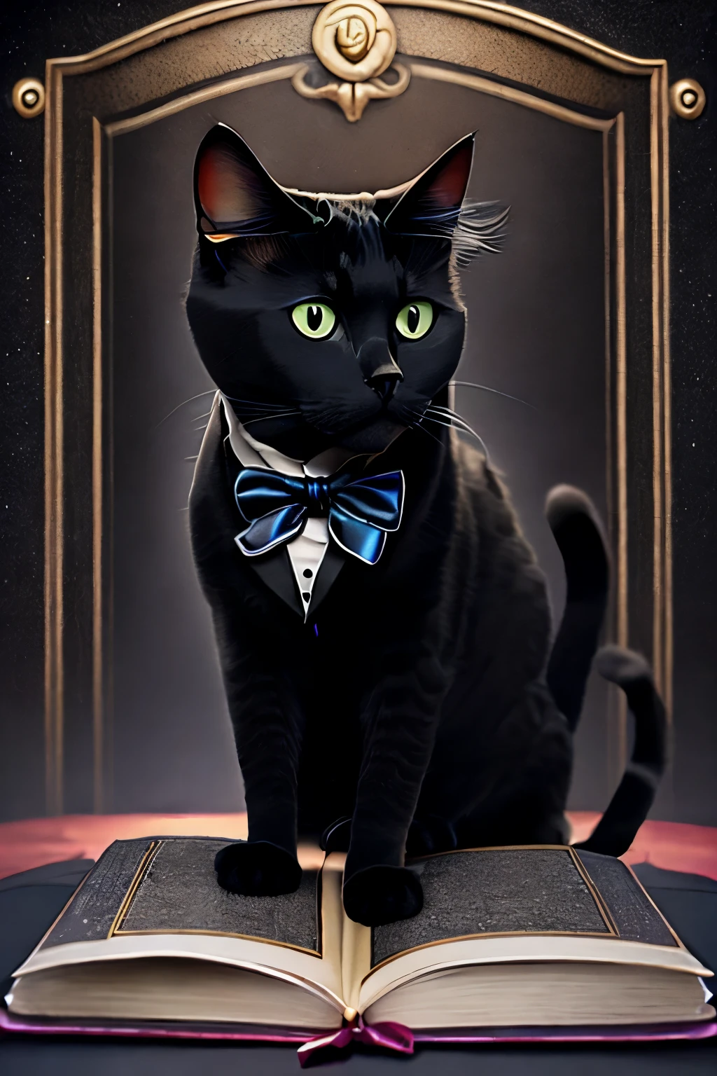 ((magician Black Cat:1.4)), (animal), ((Cat:1.4)), Black bow, Floating magic book, Dressed up as a magician, Dark background, outside border, UHD