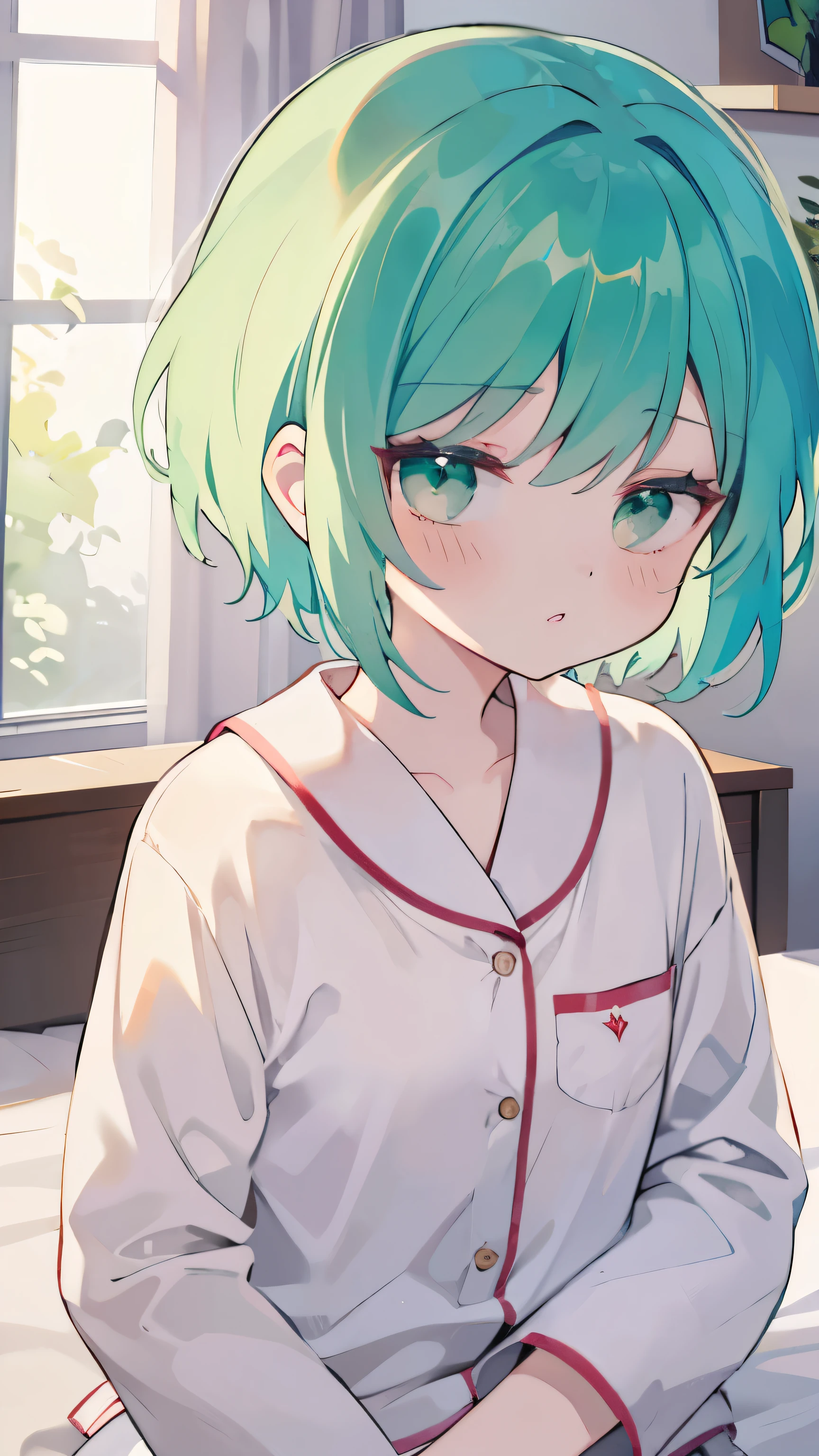 (pajamas1.5),Green Hair、pajamas、short hair、A girl、friend、Keep a straight face,No Expression、masterpiece、Top image quality、Top quality、sigh、Lifeless eyes、bedroom、On the bed