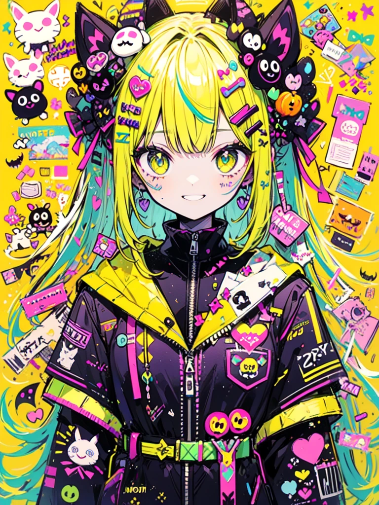 halloween theme, "kawaii, Cute orenge bunny girl in cute smile with teeth and holdinga halloween candy, poser, Adorable girl in orenge, neon orenge black, and baby lime color scheme. She wears halloween-themed clothing. Her outfit is fluffy and soft, With decora accessories like hair clips. She embodies a vibrant and trendy Harajuku fashion style."