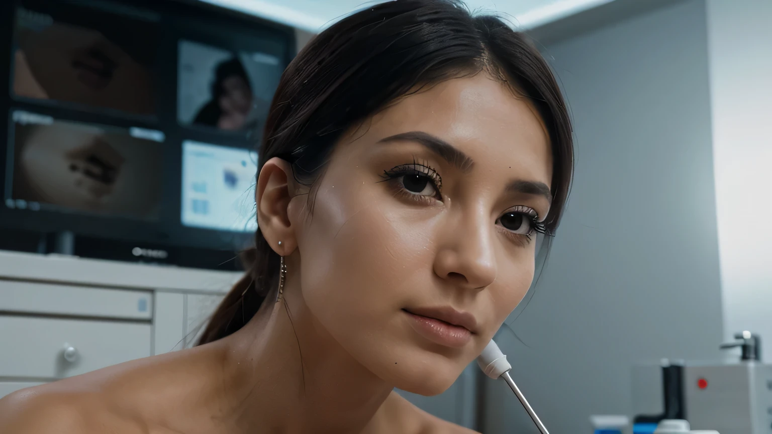 A patient undergoing rhinoplasty surgery in a modern surgical theater, with a focus on the precision and expertise of the surgical team. The scene captures the delicate nature of the procedure, with close-up shots showcasing the surgeon's hands and instruments at work. Soft, diffused lighting enhances the clinical atmosphere, while wide shots provide context of the surgical environment. Camera setup includes a Canon EOS R5 with a macro lens for detailed close-ups, ensuring every aspect of the rhinoplasty process is captured with clarity and accuracy.