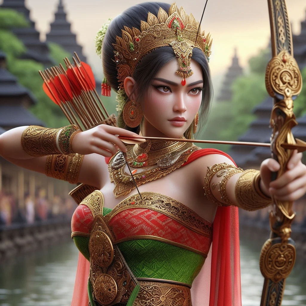 Realistic photo of a Javanese woman wearing traditional Javanese clothing with a red and green camisole top (kemben) with lots of jewelry on her chest and arms wearing gold decorations with her hair in a long bun and black and gold batik fingers with an additional transparent red scarf hanging. an expressive face carrying a bow and a quiver filled with arrows neatly arranged on his back, ready to shoot arrows, taking aim. with a very realistic temple background, very detailed