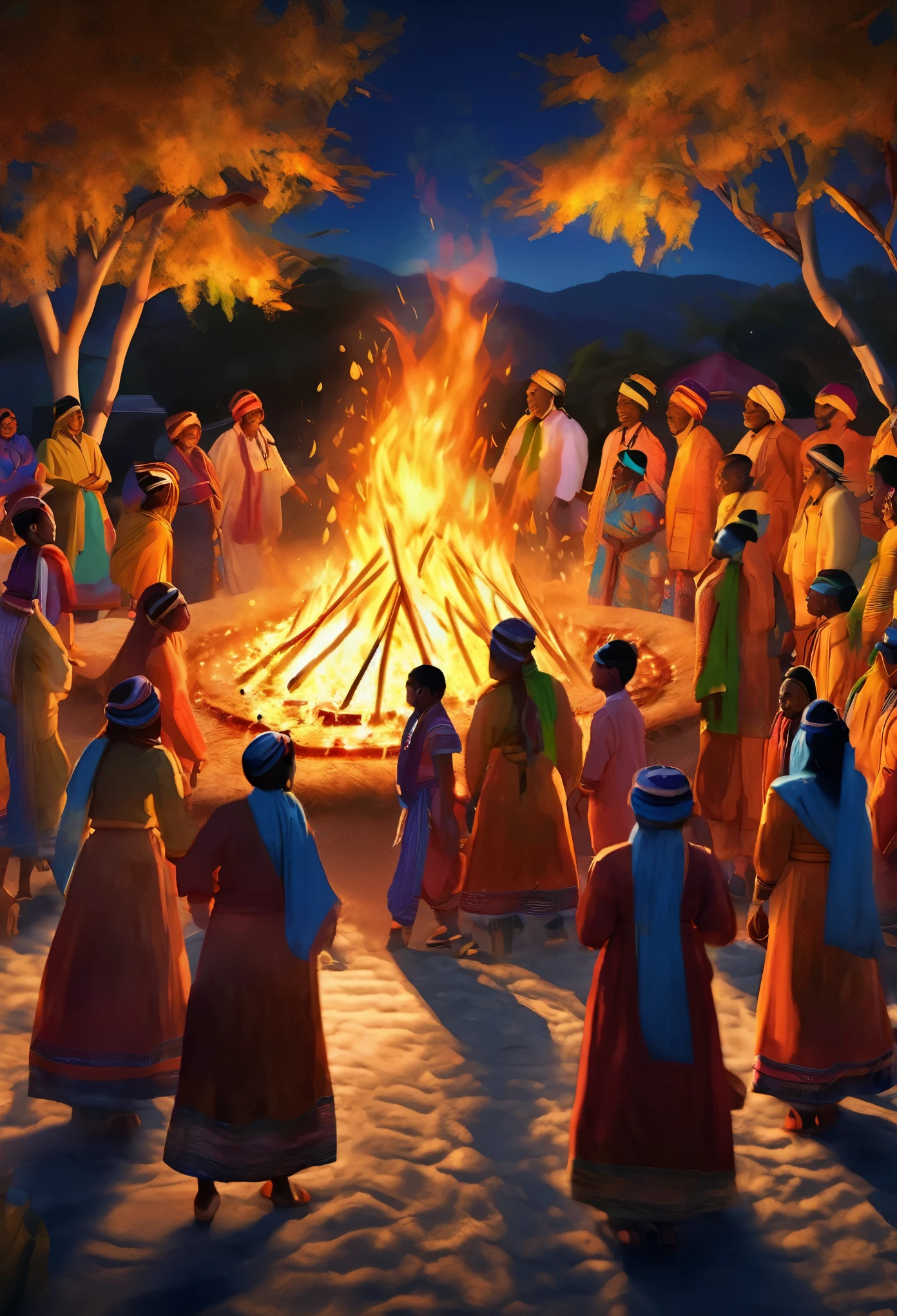 best quality,4k,8k,highres,masterpiece:1.2,ultra-detailed,realistic,photorealistic:1.37,Bonfire：1.37,night 
Lively, joyful, and passionate atmosphere
People dancing and singing around the bonfire
Vivid colors and warm tones depicting the lively scene
Beautifully detailed faces with happy expressions
Traditional clothing representing different ethnic groups
Cultural diversity and unity portrayed by the gathering
Shadow and light effects created by the flickering flames
Realistic rendering of the bonfire's warmth and illumination
Crisp details capturing the intricate patterns on clothing
Dynamic poses reflecting the energy and excitement of the event
Photorealistic depiction of the surrounding nature (trees, stars, moon)
Fire sparks flying in the air, adding movement and dynamism to the scene
Professional artwork with a hint of traditional painting techniques
Deep contrast between the illuminated faces and the dark surroundings
Bokeh effect to enhance the cozy and intimate atmosphere
Attention to the smallest details, capturing the essence of the moment
Celebration of cultural heritage and the importance of community
Ancient traditions and rituals passed down through generations
Artistic representation of cultural diversity and inclusion