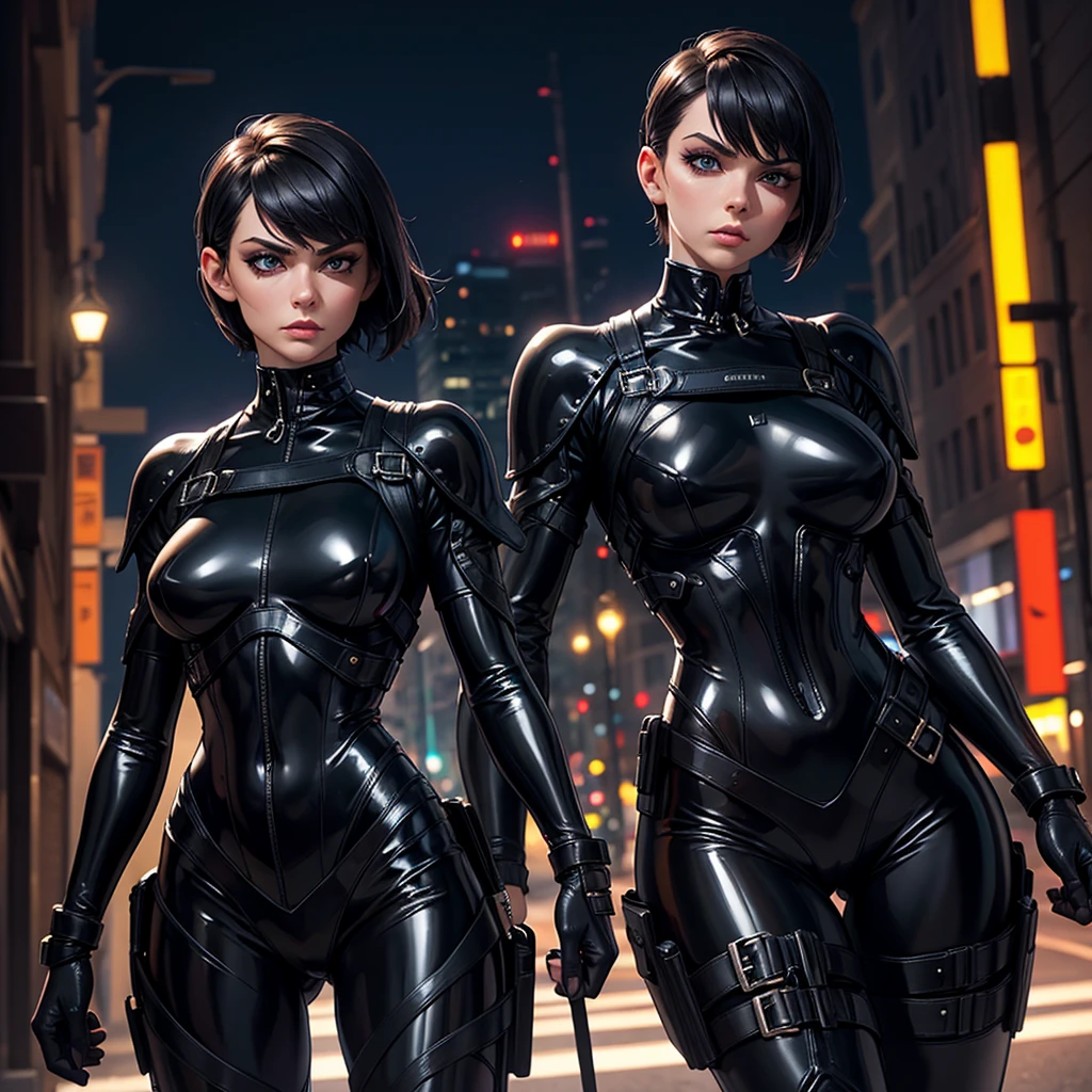 Extremely detailed, very sharp, best quality, female, Sophie Thatcher face, black rider latex suit, tall and lean body, harness, night, night street, lights, very short black haircut, dark makeup, pauldrons, holster,