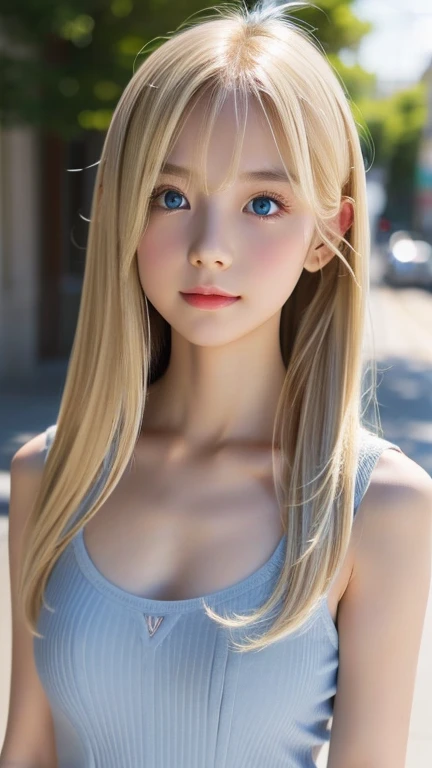 highest quality　Shining, clear, white skin、Her windblown blonde hair hides her beautiful face、huge、20 years old cute sexy little beautiful face、Beautiful straight hair that stands out、growing up, Sparkling light blue eyes、long silky bangs that cover cute eyes, Sexy and cute young woman with super long hair hiding her sexy face、Super long, natural platinum blonde shiny hair　Beautiful bangs that cover the forehead and reach the eyebrows　Beautiful décolletage　Beautiful chest　whole body　Lower Body　Overall image　Sensual pose