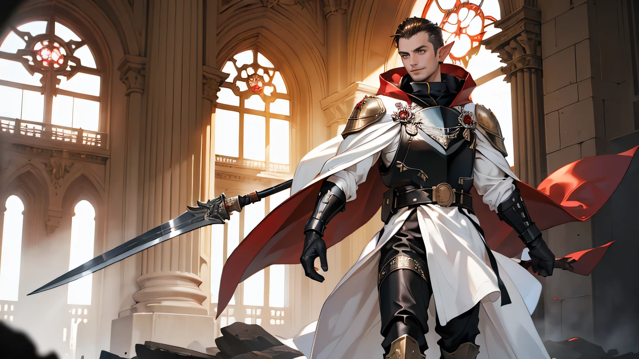 (((((male))))), masterpiece, ultra detailed, 8K Portrait, Raw photo, man's portrait photography, Highly detailed face, beautiful and meticulous eyes, ((Fantasy)), 35 years old (((man))), ((elf)), 190 cm, tall, ((brunette)) center parted Shaved sides hair, brave face, Smile, adventurer, (((white silk long cloak))) Fluttering in the wind, (((black and red lorica segmentata))), iron boots, Holding a giant ax, Midday Sun, Hyper realistic, Strong body, Long legs, in a castle, Ambient lighting, Shadow details , Camera focus on face, strong breeze, Light fog