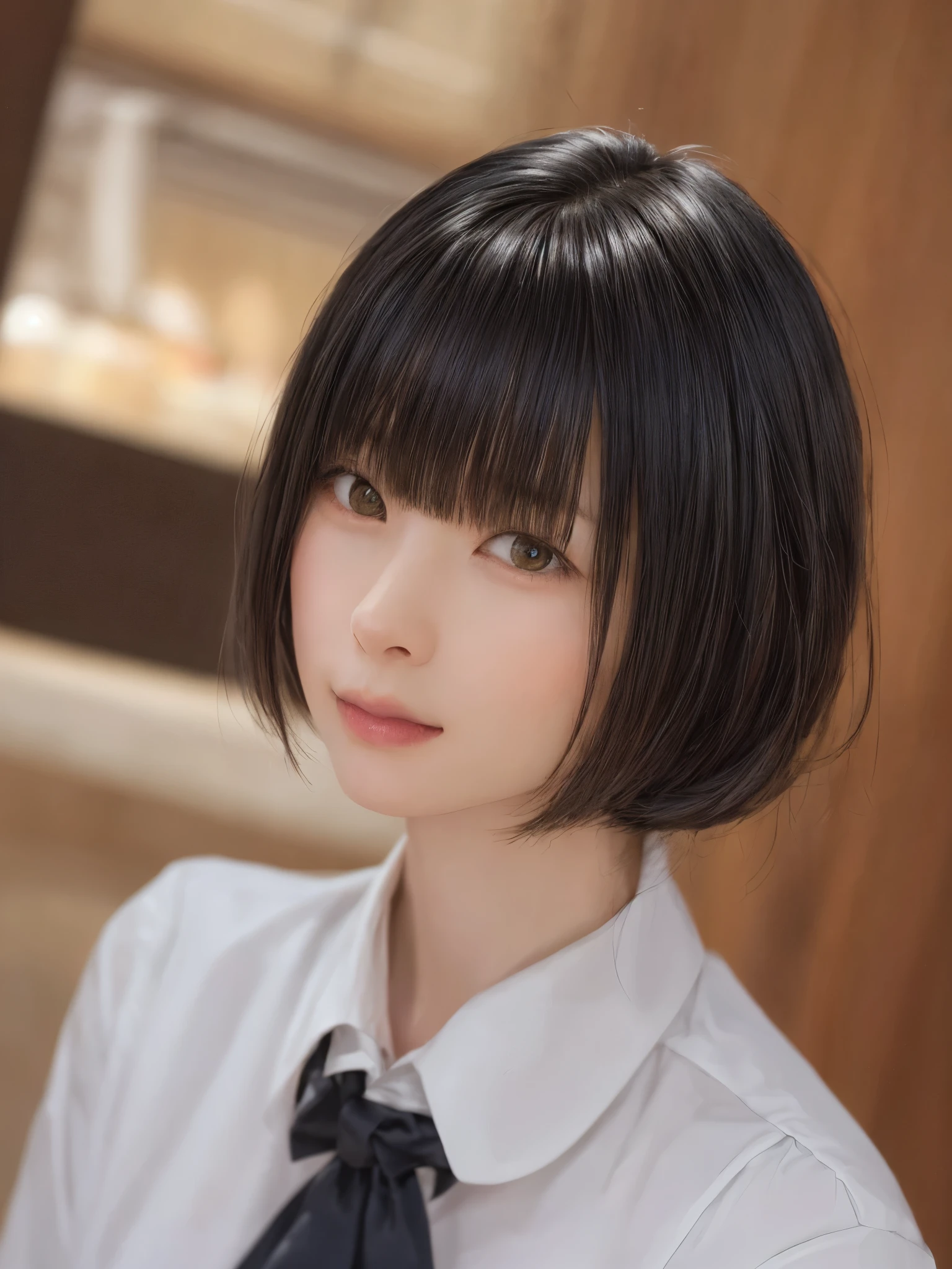 (masterpiece:1.3), (Realistic, RAW Photos, highest quality: 1.4), (One Girl), Beautiful Face, (超Realistic Face、シンメトリーのBeautiful Face), (Black Hair, short hair:1.6、bangs:1.6), Beautiful hairstyle, (Realistic eyes), Beautiful details, Long eyelashes, (Realistic Skin), Beautiful Skin, [Big Breasts:1.3], (Perfect body:1.3), (Detailed body:1.2), (tie), (Collared shirt, Pleated skirt:1.3), Absurd, charm, Ultra-high resolution, Ultra-realistic, Very detailed, Golden Ratio,Very cute beautiful woman、28 years old