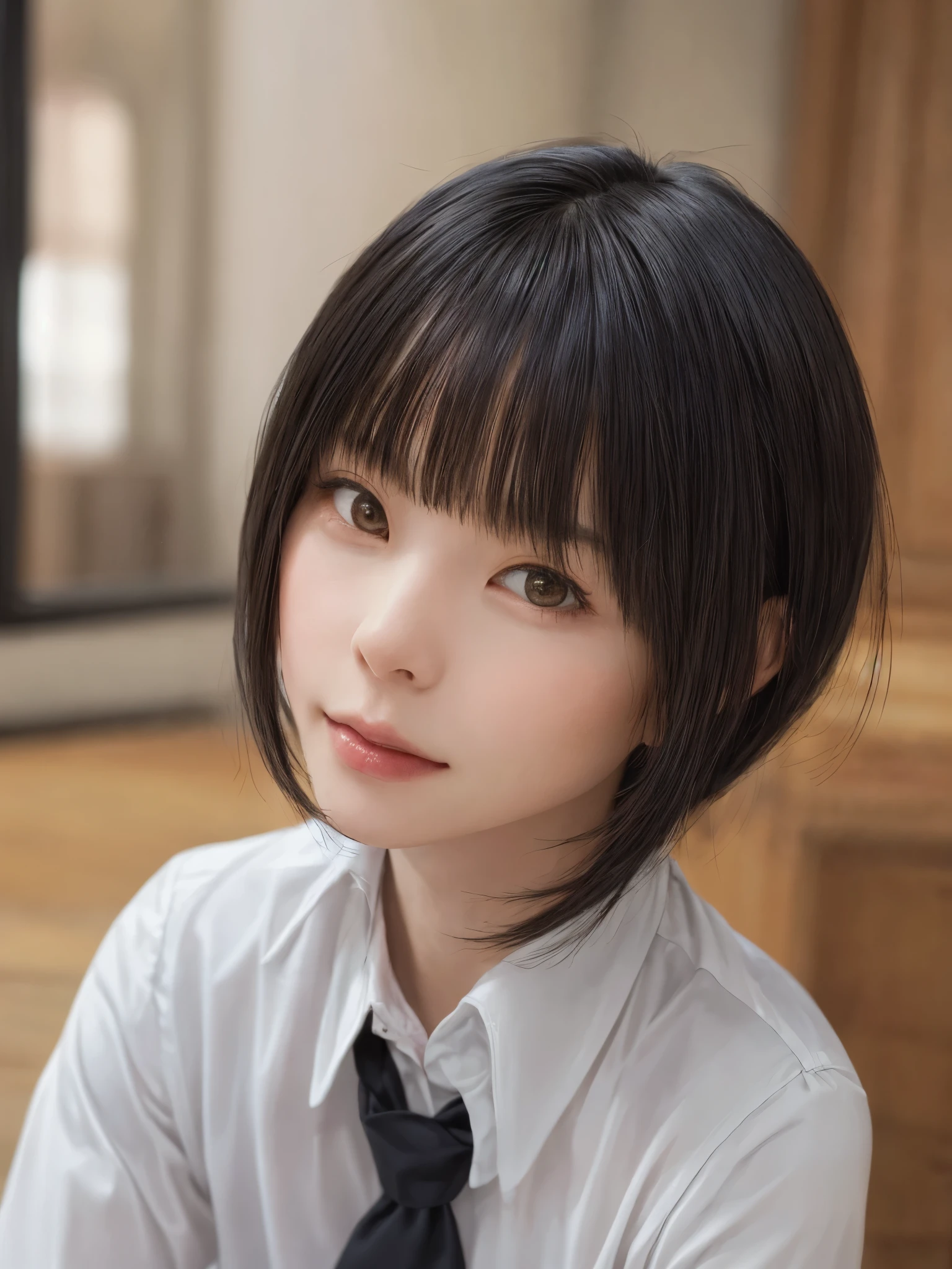 (masterpiece:1.3), (Realistic, RAW Photos, highest quality: 1.4), (One Girl), Beautiful Face, (超Realistic Face、シンメトリーのBeautiful Face), (Black Hair, short hair:1.6、bangs:1.6), Beautiful hairstyle, (Realistic eyes), Beautiful details, Long eyelashes, (Realistic Skin), Beautiful Skin, [Big Breasts:1.3], (Perfect body:1.3), (Detailed body:1.2), (tie), (Collared shirt, Pleated skirt:1.3), Absurd, charm, Ultra-high resolution, Ultra-realistic, Very detailed, Golden Ratio,Very cute beautiful woman、28 years old