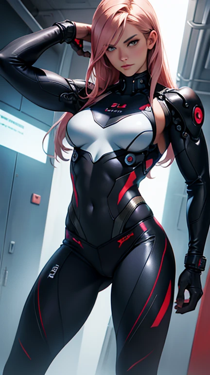 woman in muscular ai suit big tits metriod suit head helmet vison glasses advanced tech muscle legs large gun