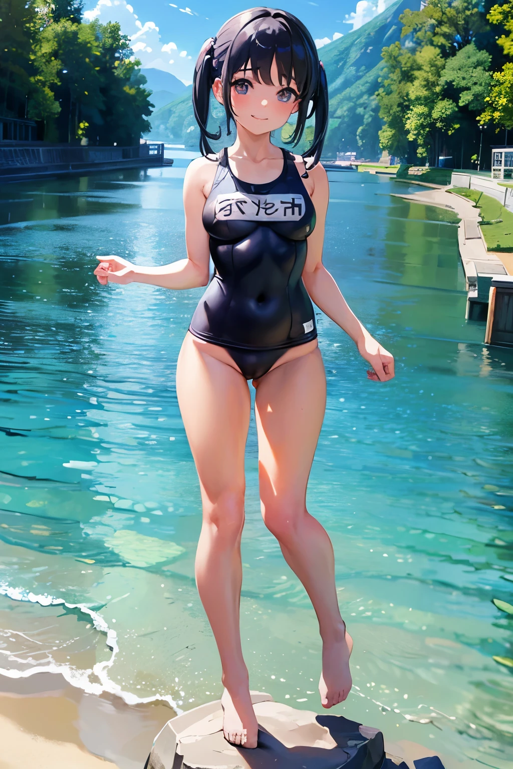 masterpiece、Mastepiece、girl、Random hairstyle、Clear eyes、Smiling at the audience、Perfect proportions、full body shot、Random Swimsuit、Sexy pose、The background is a river