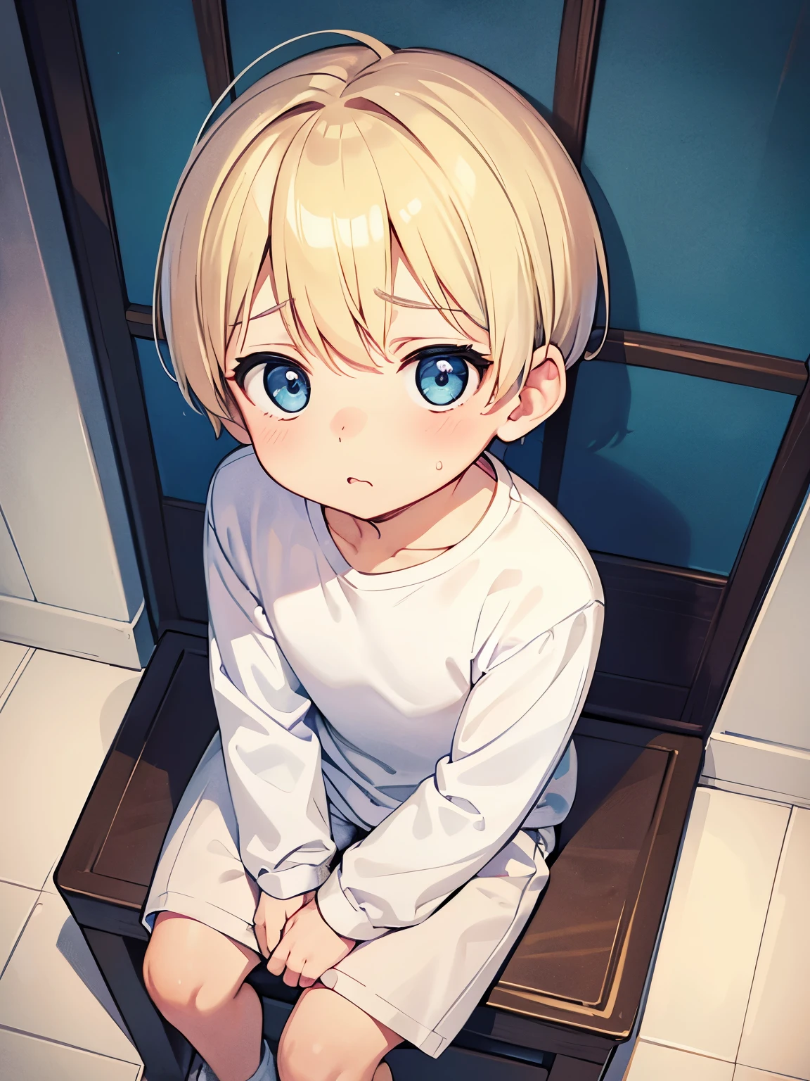 ,guy,1 years olression, Looking up, camera angle from above,knees bent,Short blonde hair, pixie cut,blue eyes, super cute, very cute, wearing White long sleeve t-shirt, white shorts, Plain t-shirt,Surprised expression,Sitting in prison