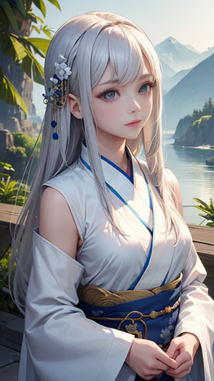highest quality, masterpiece, High resolution,, One girl, Detailed face, (Upper Body:1.6), Cyber City, Mountains and Rivers, night, Firefly Light, Realistic, Lots of details, (White Hanfu:1.2), (Beautiful body:1.4),