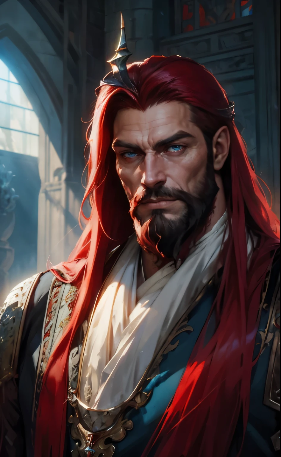 fantasy, man, with long scarlet hair with gray at the temples, beard, royal uniform, blue eyes, with dragon scales on his face, strong build, seductive, bright halls of the castle, north, hd