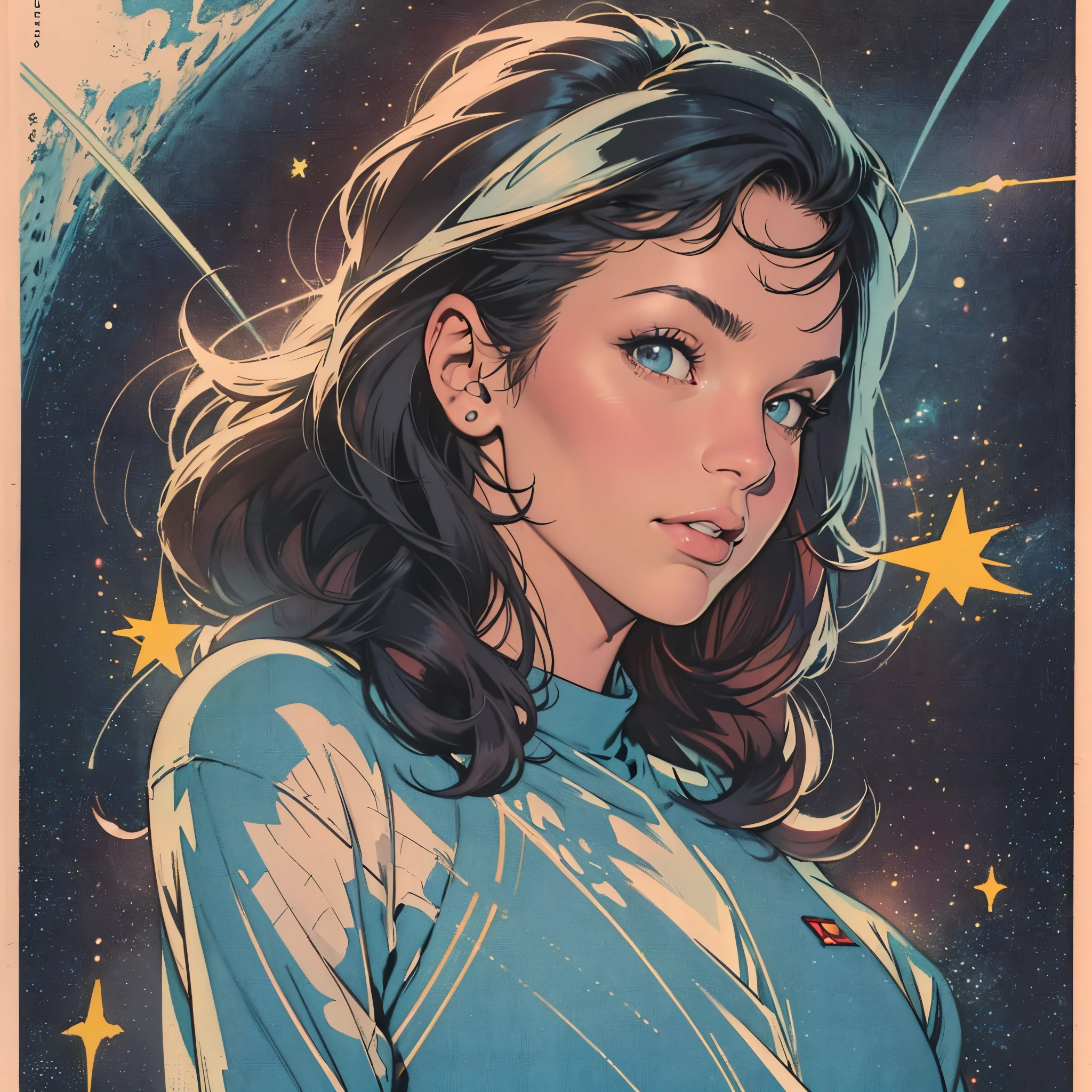 (best quality,4k,8k,highres,masterpiece:1.2),ultra-detailed,(realistic,photorealistic,photo-realistic:1.37),beautiful woman, detailed eyes and face, speech bubble, big breast, galaxy, 60s, 70s, 80s, colorful, cosmo, space, retro, surreal, vibrant colors, disco lights, cosmic energy