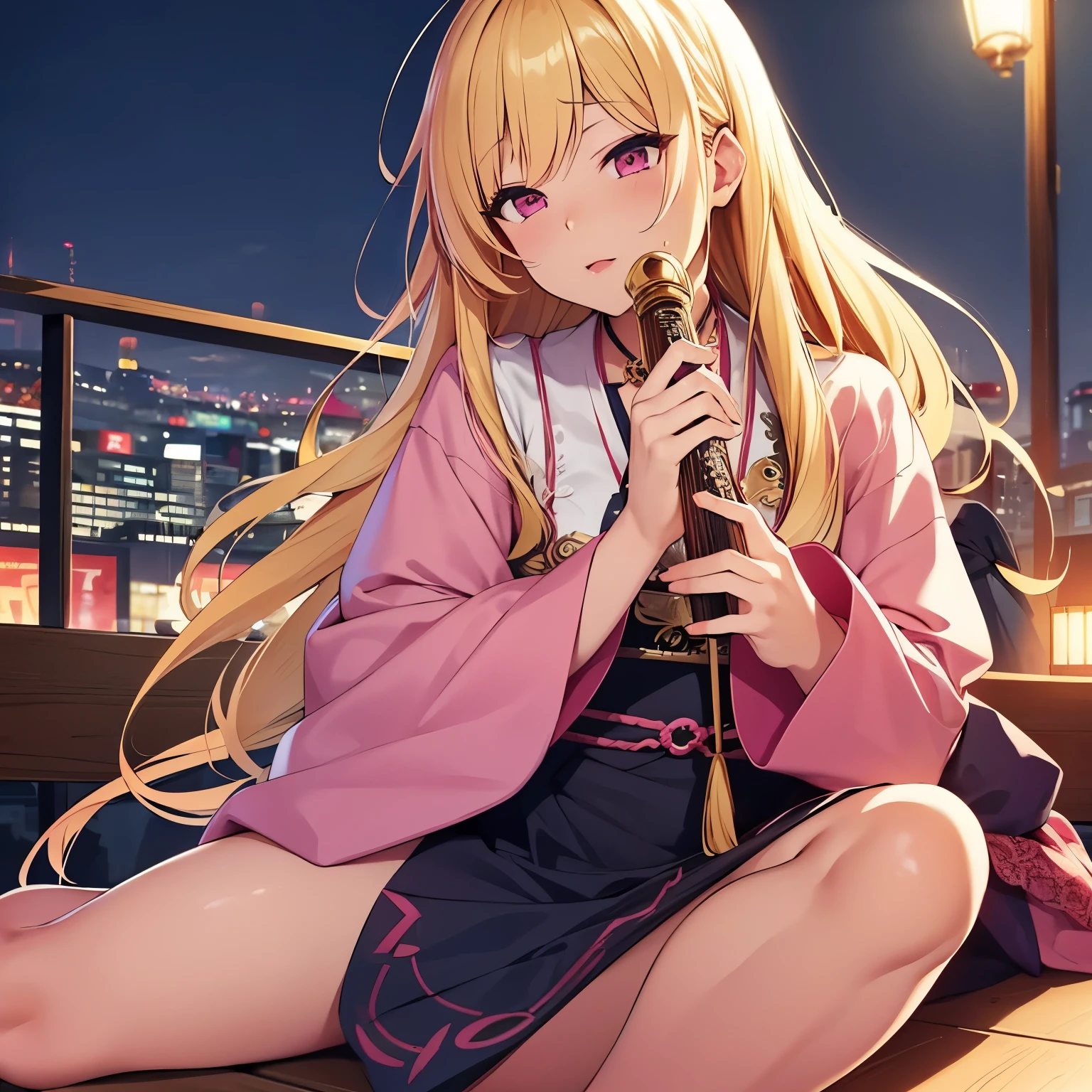 　1 Girl, Blonde, Pink Eyes, Very long hair, long sleeve, ((masterpiece)), (highest quality), eve,  (whole body), City of night，Overall details, A person playing the koto，Person playing the flute，((2 people)),