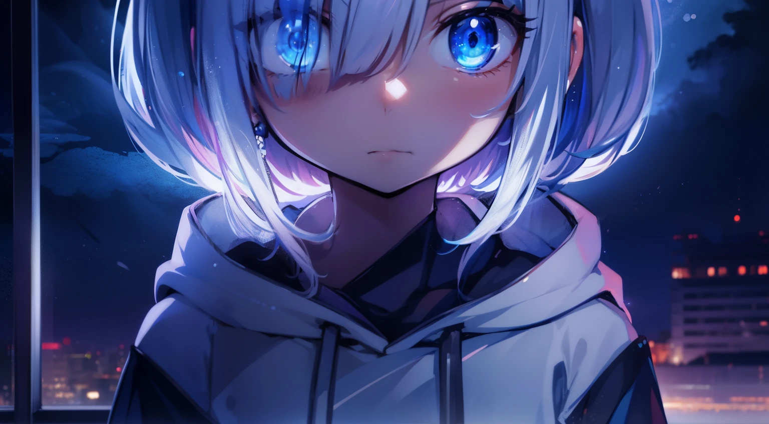 Anime girl with blue eyes and white hair standing in front of a window ...