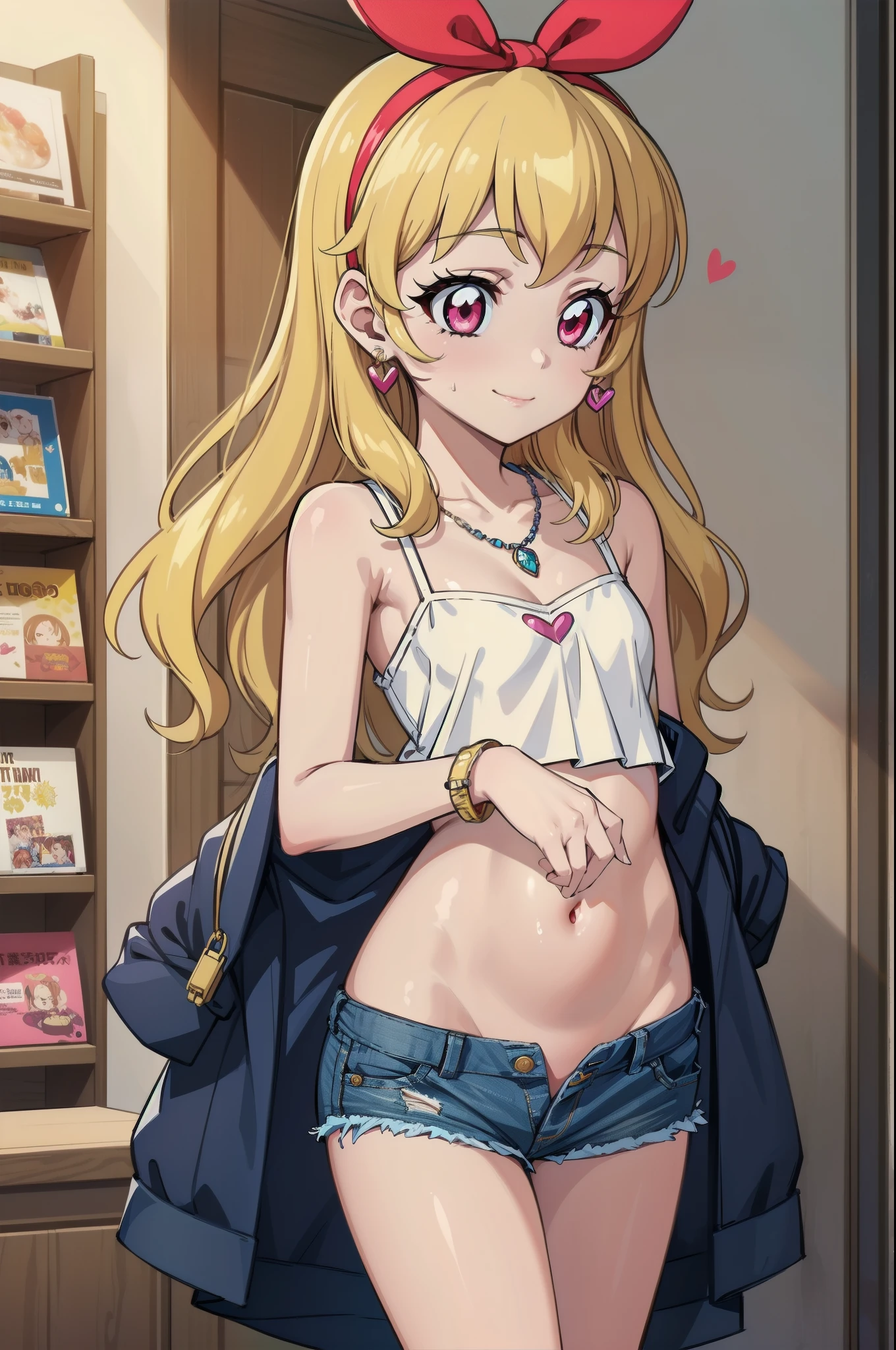 , (nsfw), ((beautiful)), ((masterpiece)), ((best quality)), (extremely detailed face), perfect lighting, highres, 8k, wallpaper, backlit, (absurdres), (ultra detailed, 8K, ultra highres:1.2), BREAK,(RED Ribbon on HAIRband:1.2),smile,navel,groin,denim shorts,loose clothes,shirt pull,shorts pull,A fashionable female ,dressed in a casual yet stylish outfit,browsed the racks of clothes at the department store. She hummed a tune to herself as she examined the various accessories and small items on display. Her outfit consisted of a pair of ripped denim shorts paired with a loose, camisole and a pair of sneakers. She accessorized with a small, silver bracelet on her wrist. As she shopped, the girl couldn't help but be drawn to the various colorful and glittering items in the store. She picked up a pair of cute, heart-shaped earrings and a matching necklace,admiring them in the bright, fluorescent lighting,Ichigo Hoshimiya (Aikatsu!)