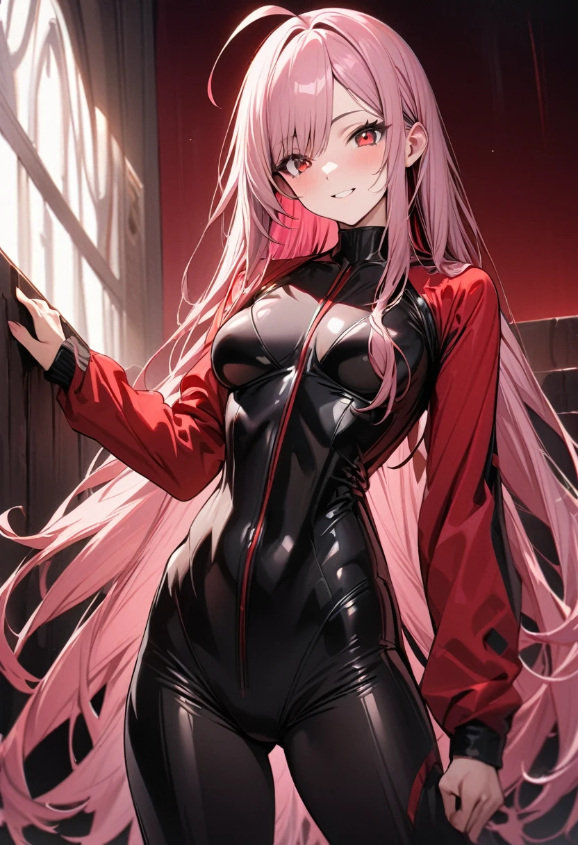 masterpiece, best quality, ultra detailed, 1girl, , tall, mature, pink hair, very long hair, ahoge, long flipped side hair, separated bangs, deep red eyes, slightly smile, red jacket, black and skinny inner suit,