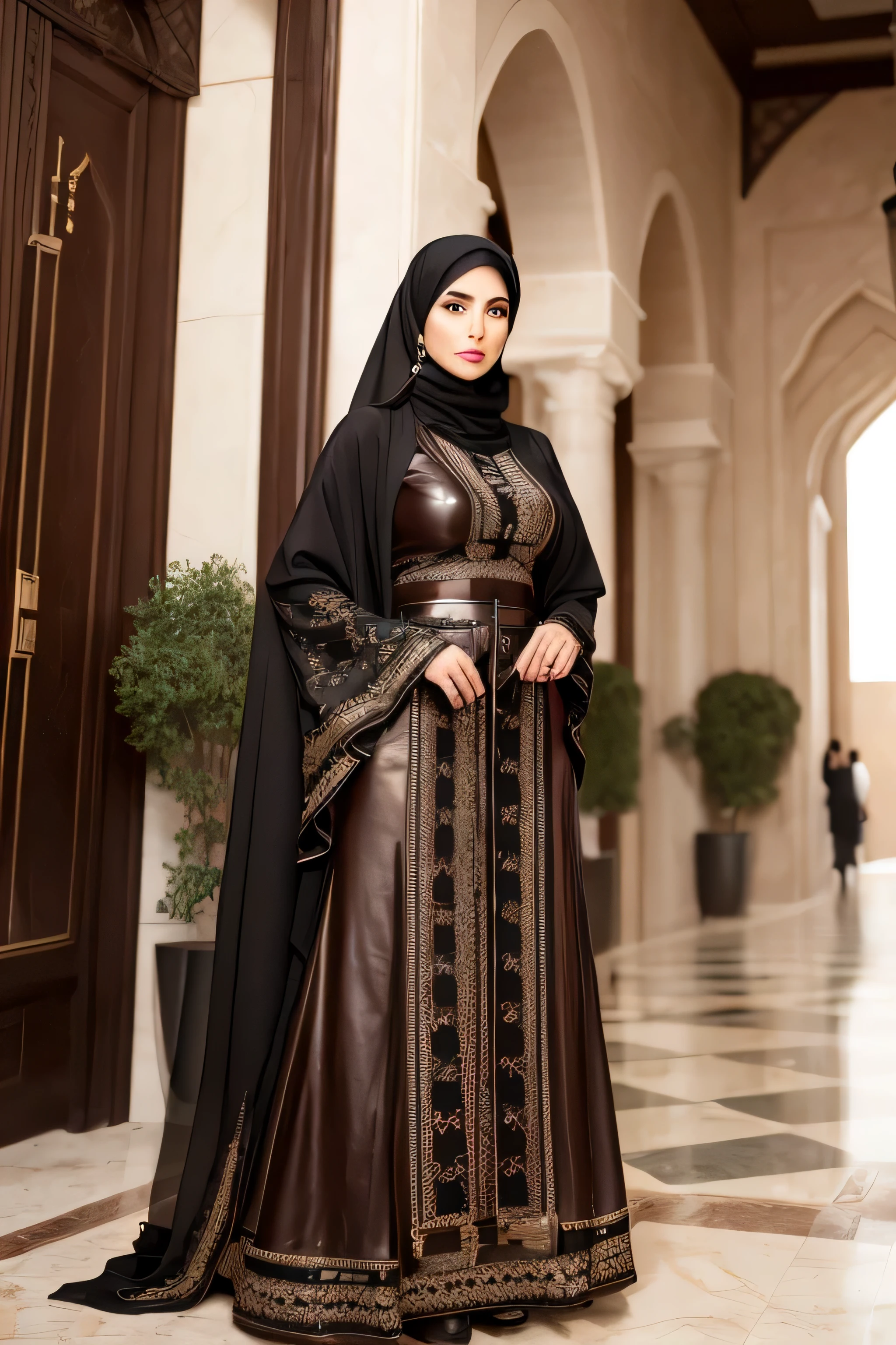 a beautiful middle eastern woman in her 40s. Heavy makeup, stern expression, leather hijab, wearing a floor length button down long sleeve leather dress. holding a whip, Middle eastern palace setting