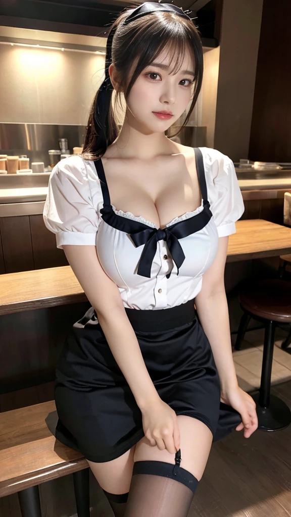 muste piece, best quality, illustration, Super detailed, fine details, High resolution, 8K,wall paper, perfect dynamic composition,(Details High quality, realistic depiction of eyes:1.3), waitress uniform, restaurant, large breasts, pony tail、black hair color, Big Natural Color Lip, bold sexy pose, crying a little、cold gaze, Harajuku style、20 year old girl、cute type、ta、beautiful legs, gravure idol, Voluptuous thighs