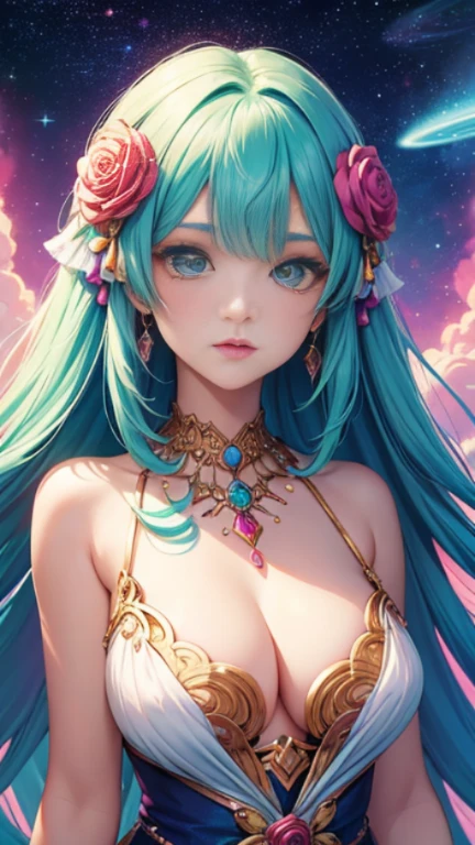 Close-up of a woman with colorful hair and necklace, Anime girl with space-like hair, The gentle vitality of rose roses, Goubes-inspired artwork, Fantasy art style, colorful], Vivid fantasy style, Ross draws vibrant cartoons, cosmic and colorful, Gweitz, colorful digital fantasy art, Great art style, Beautiful anime style, White skin, subtle