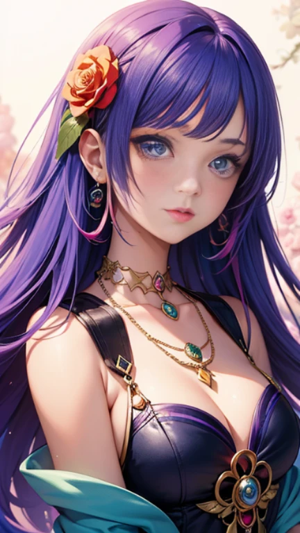 Close-up of a woman with colorful hair and necklace, Anime girl with space-like hair, The gentle vitality of rose roses, Goubes-inspired artwork, Fantasy art style, colorful], Vivid fantasy style, Ross draws vibrant cartoons, cosmic and colorful, Gweitz, colorful digital fantasy art, Great art style, Beautiful anime style, White skin, subtle