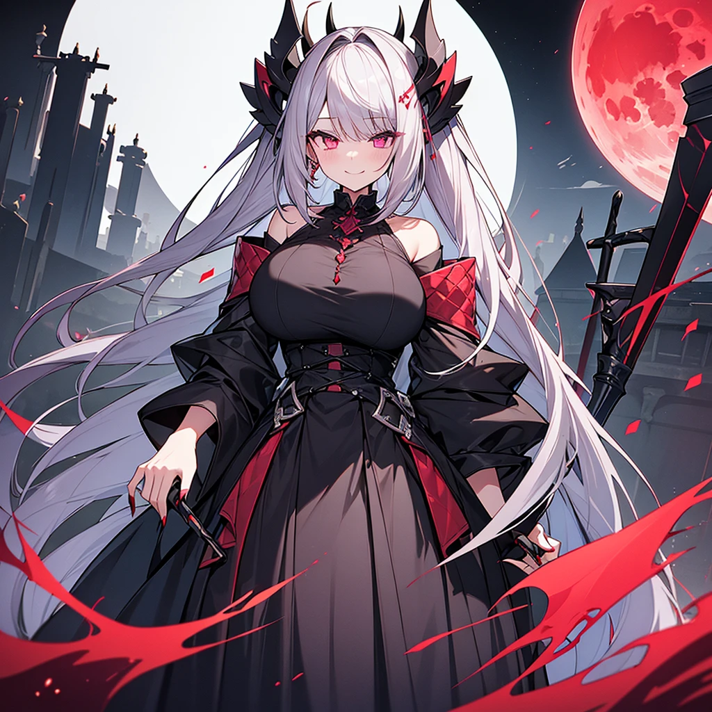 4K、Super detailed、Silver Hair、Slanted Eyes、Pink Eyes、fair skin、black gothic dress、Queen、Has a big scythe、grim Reaper、big breasts、Standing under the red moon、red nails、Ruthless smile、high quality、High resolution