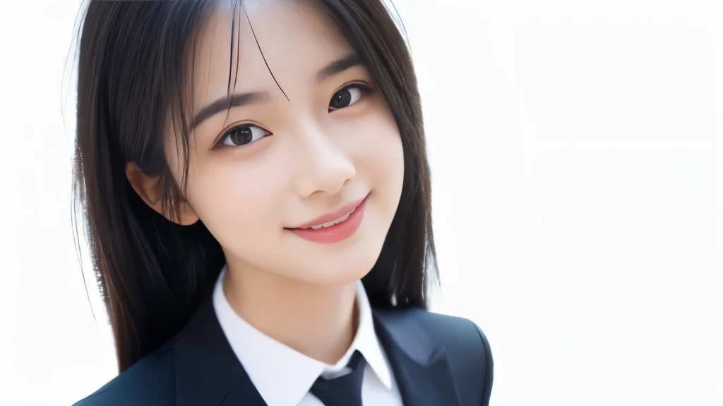 (Realistic: 1.4), (highest quality: 1.4), Ultra-high resolution, (Fine grain),Full body shot,((White background)),Watching the audience,Move the character a little to the right,1. Female university student,(Full breasts),Black Hair,((suit)),Wide eyes,Blushed face,smile,Highly detailed face and skin texture, Healthy Skin,(Outdoor),8k resolution