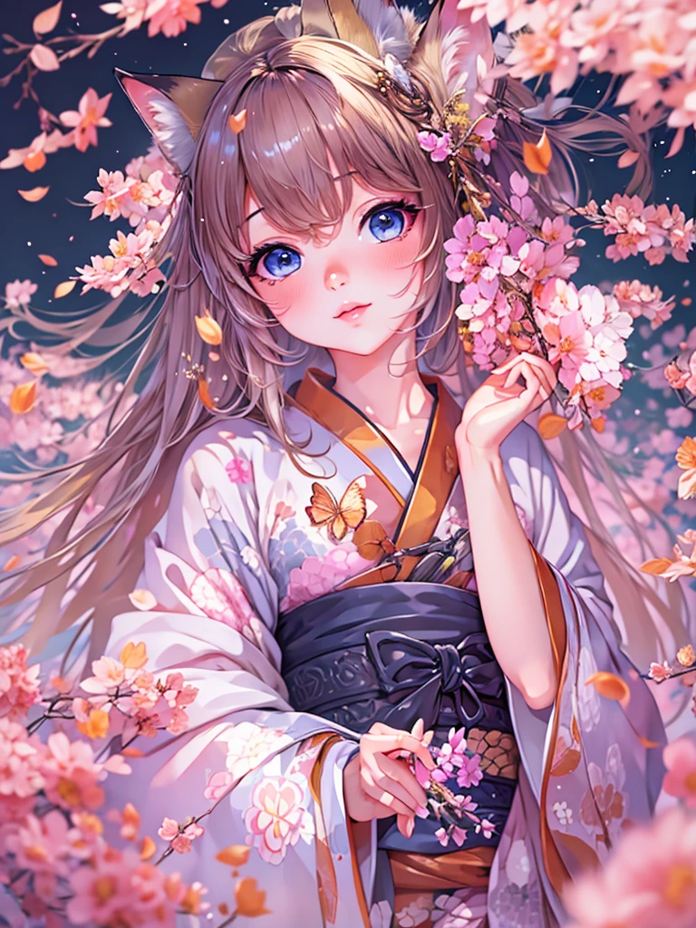 best qualit,tmasterpiece，beautifuldetails，exquisitedetails，Delicate lips，The details are complex，Realiy，Ultra photo realsisim,fox girl,kimono, splash art anime ,Anime visuals of cute girls,