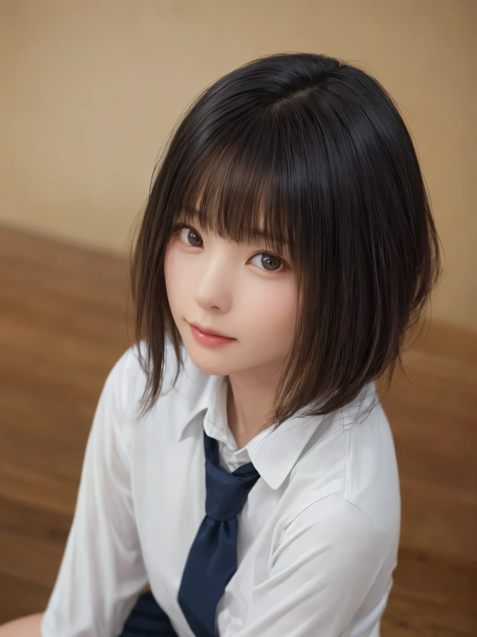 (masterpiece:1.3), (Realistic, RAW Photos, highest quality: 1.4), (One Girl), Beautiful Face, (超Realistic Face、シンメトリーのBeautiful Face), (Black Hair, short hair:1.6、bangs:1.3), Beautiful hairstyle, (Realistic eyes), Beautiful details, Long eyelashes, (Realistic Skin), Beautiful Skin, [Big Breasts:1.3], (Perfect body:1.3), (Detailed body:1.2), (tie), (Collared shirt, Pleated skirt:1.3), Absurd, charm, Ultra-high resolution, Ultra-realistic, Very detailed, Golden Ratio,Very cute beautiful woman、28 years old