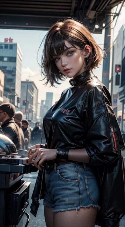 DJ, cyberpunk, neon,(chef-d&#39;artwork, la plus haute qualité),1 fille, seul,avoir, hyper Realistic, Realistic,Realistic, regarder le spectateur, yeux marron clair:1.4,Short Brown Hairstyle with Highly Detailed Shiny Hair, Des vêtements d&#39;hiver aux couleurs vives, lips, frange,Closed mouth, haut du corps、Gros yeux、cil、({huge|grand|hugeな|mega} poitrine:2, clivage:2)、(((Short hair with frange:1.6、Gros yeux、Un moment fort pour les étudiants、large full poitrine、Regardez le public、Elle est très belle et mignonne、s&#39;Do you like him, montre-moi tes oreilles、Long cou、Ferme ta bouche et souris、De belles dents、frange:1.6)))、Ideal Body Proportions、（very simple red background:1.6）