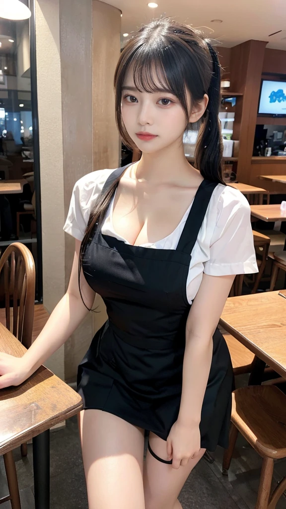 muste piece, best quality, illustration, Super detailed, fine details, High resolution, 8K,wall paper, perfect dynamic composition,(Details High quality, realistic depiction of eyes:1.3), waitress uniform, restaurant, pony tail、black hair color, Big Natural Color Lip, bold sexy pose, crying a little、cold gaze, Harajuku style、20 year old girl、cute type、lolita、beautiful legs, gravure idol, Voluptuous thighs