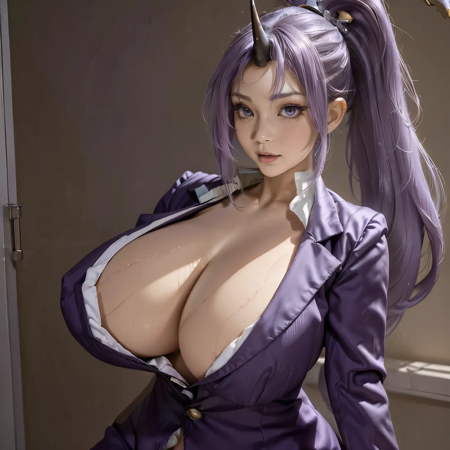 (work: 1.2, best quality), realistic, (original drawing, intricate details, depth of field), (1girl, solo), monster girl with one horn in the middle of her forehead(one horn), makeup, blush, reddish blue eyes, very detailed, perfect facial beauty, smooth and firm white skin, long purple hair in a ponytail, thick thighs, slim waist, very wide hips, curvy body, voluptuous figure, cleavage, navel, sagging (very saggy) giant breasts, wearing a tight purple blazer with 4 buttons, purple trousers, sexy bent pose, looking at the audience