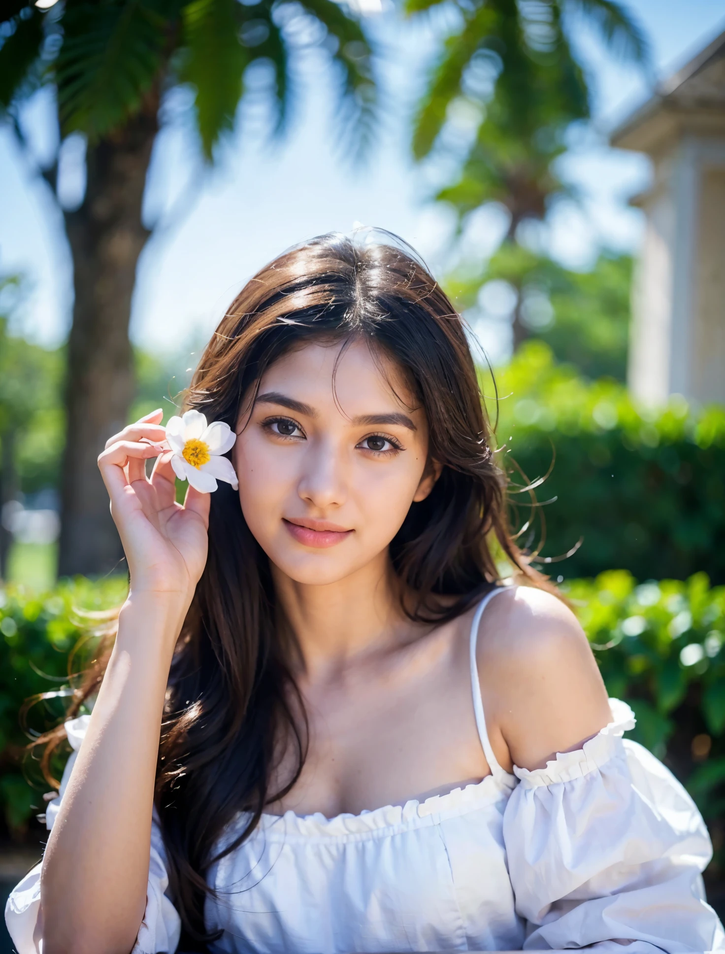 1girl, medium wide shot, white dress, detailed face, looking at viewer, gentle smile, peaceful vibe, big bouquet, black hair, surrealism, super detail, masterpiece, super details, high quality, dreamy, colorful lush vegetation surface, vibrant flowers, harmonious red hue flower, floating garden, soft glow, ethereal atmosphere, exotic blossoms, misty waterfalls, (15yo, cute:1.3), (breasts:1.2),
