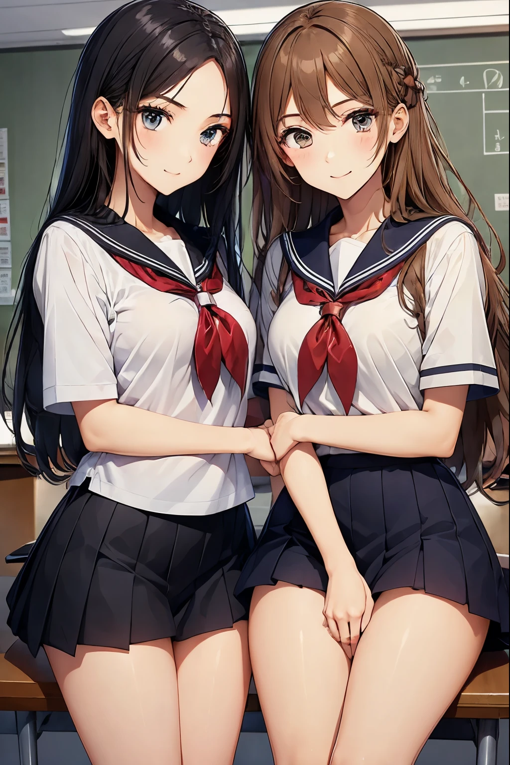 Two high school girls touching each other's crotches in the classroom、seductive smile、Drawing from head to toe、nsfw