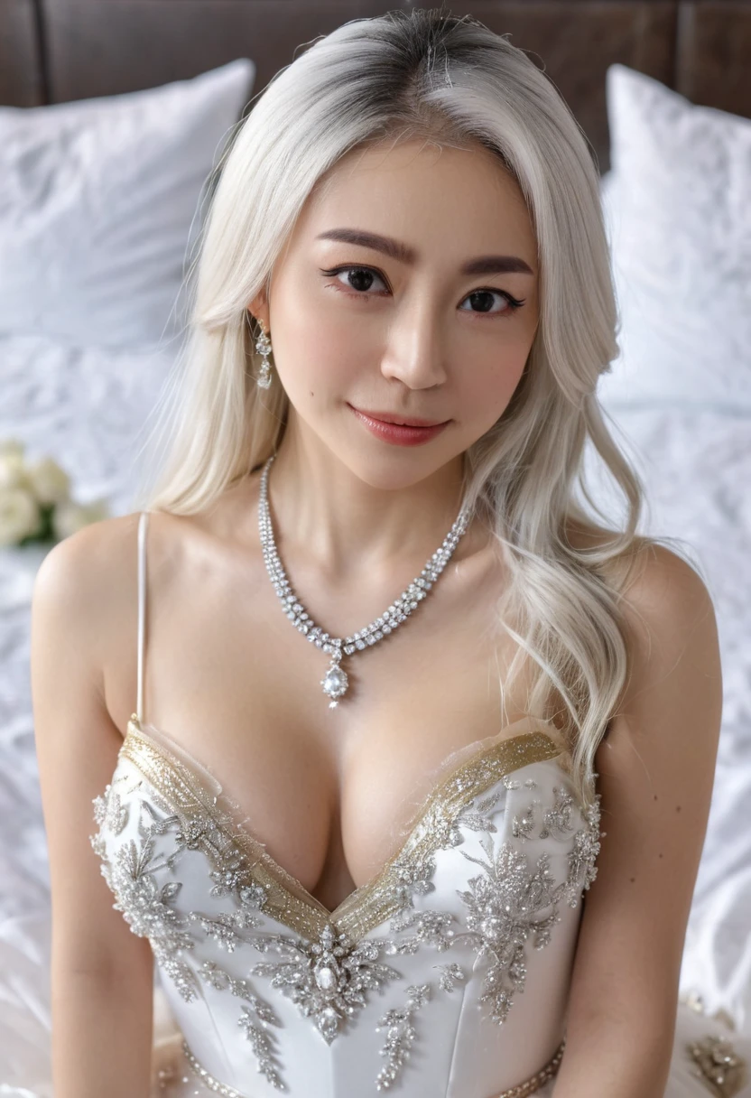 1 girl,8k, masterpiece,on bed, small Diamond necklace,white and gold sexy wedding dress,cleavage of the breast,Medium breasts,White skin glows,look at viewer,long white hair