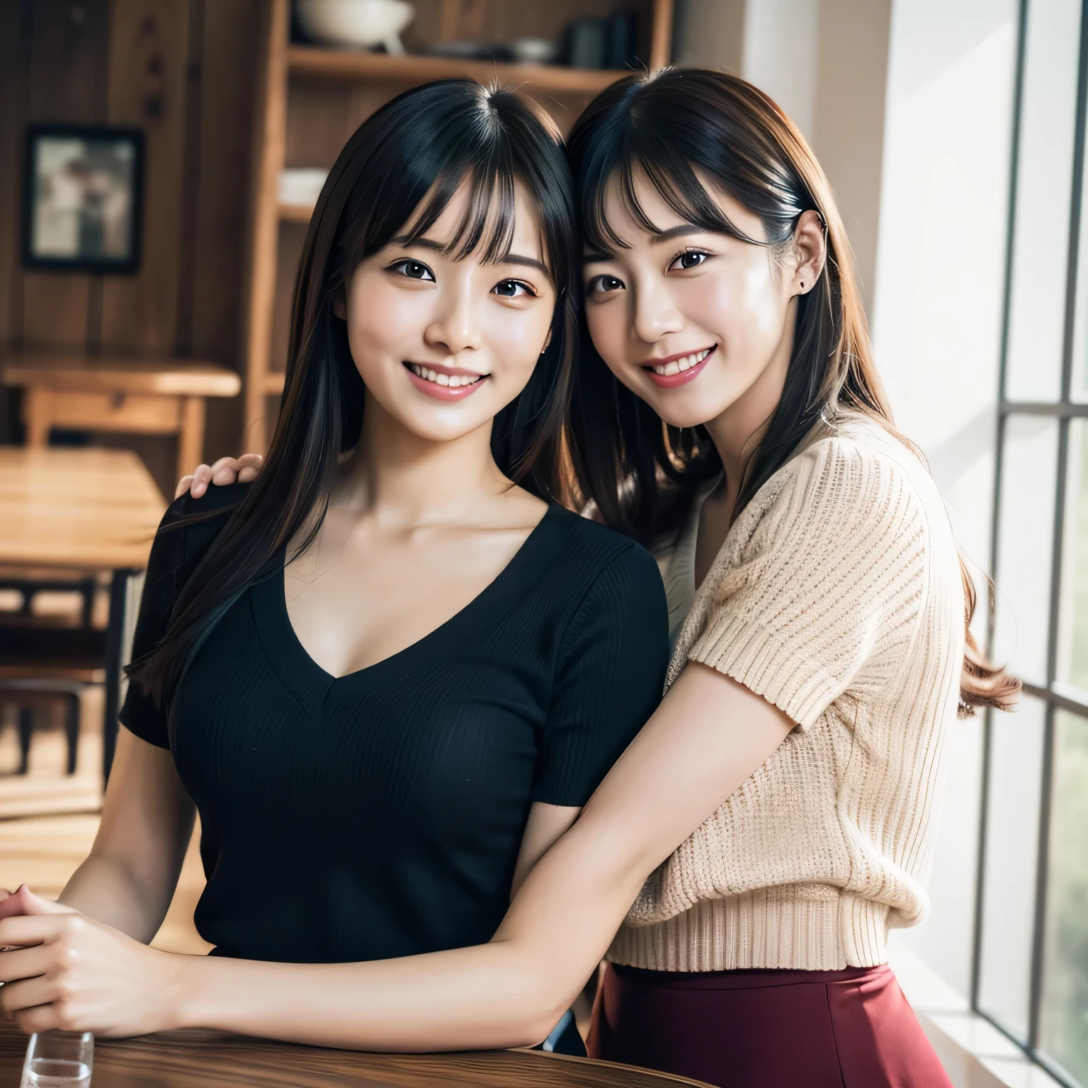 (In 8K, RAW Photos, 超A high resolution, highest quality, Tabletop:1.2), (Realistic illustrations), (Highly detailed CG Unity 8k wallpaper), Absurd, Two Girls, 18, Beautiful Face,Mid-chest, black medium hair, smile, Grin, Upper Body, Skirt, V-neck short sleeve knit, indoor, AKB48 Idol, Cowboy Shot、Front view、