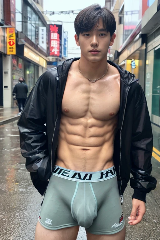 Handsome Asian boy, boy , handsome Korean face, neat muscular, wear only transparent raincoat, big bulge, showing abs, rainy day, very wet body, very hairy armpits, on the bussy street