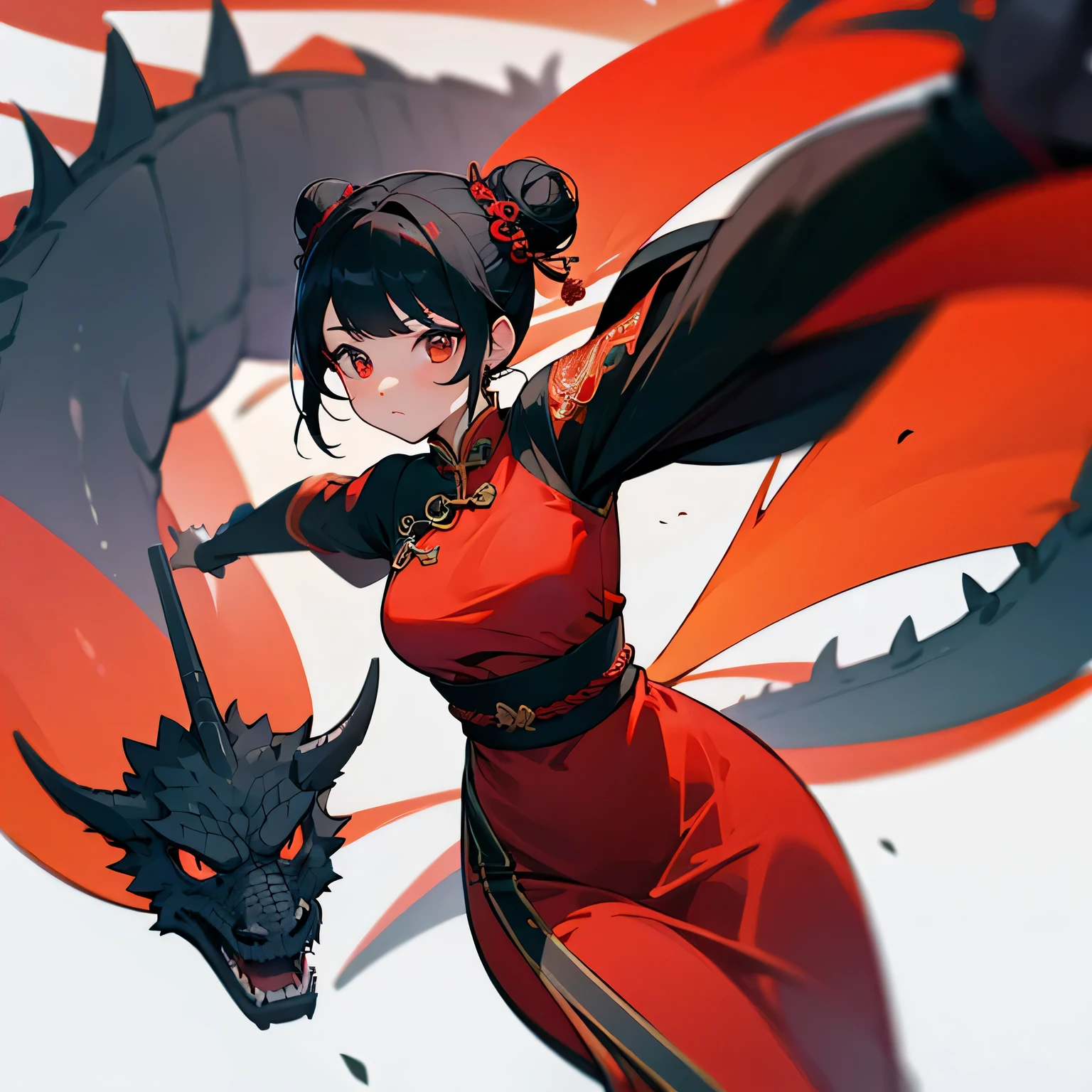 girl、Black Hair、Hair Bun、Red Chinese Dress、turn around、dragon
