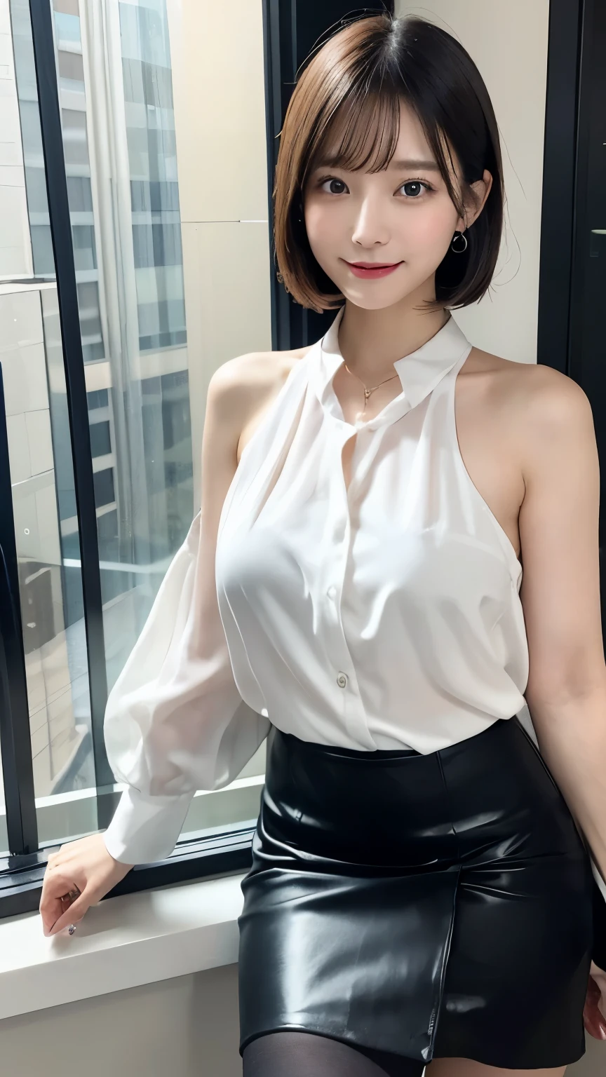 (8k、RAW Photos、highest quality、masterpiece:1.2)、Character Focus、完璧なcute女の子、cute、(Small face)、(office lady:1.2)、(Short Bob:1.2)、A kind smile、Shiny肌、(Beautiful leg lines)、Narrow waist、Big Breasts、Beautiful breasts、(blouse、Pencil Skirt、Black Stockings:1.2)、High heels、Clear Skin、High transparency、(Slender and beautiful girl)、(Shiny)、View your viewers、Beautiful thighs、office interior、Bokeh、
