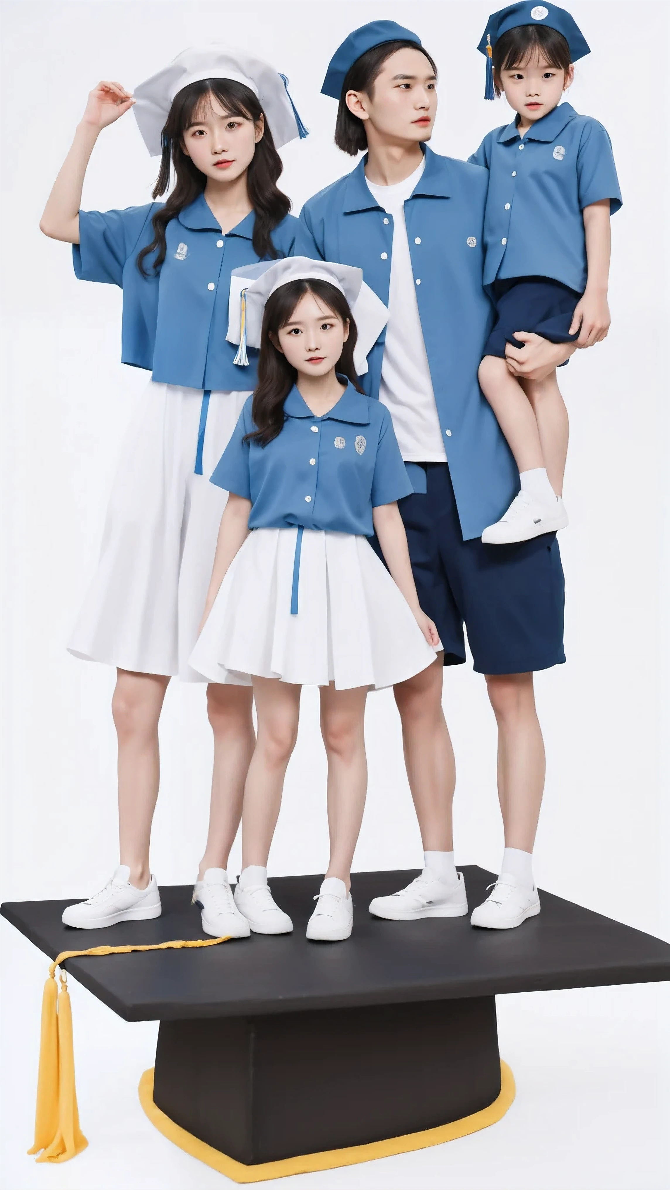 Best quality,highest resolution,The finest details,8K resolution,Studio Photography,Real photo,Realistic,A couple standing on top of graduation caps,photo,a man and a woman,Man holding his son,Family of 4,blue clothes, Casual Modern Clothing, Perfect Android Girl, Casual clothing style, happy, modern casual clothing, Wear casual clothing, Realistic Clothing, blue, unified background, uniform plain sky, Fashion Clothing, intertwined full body view, Medium Polyester, blue, picture,Transparent Background