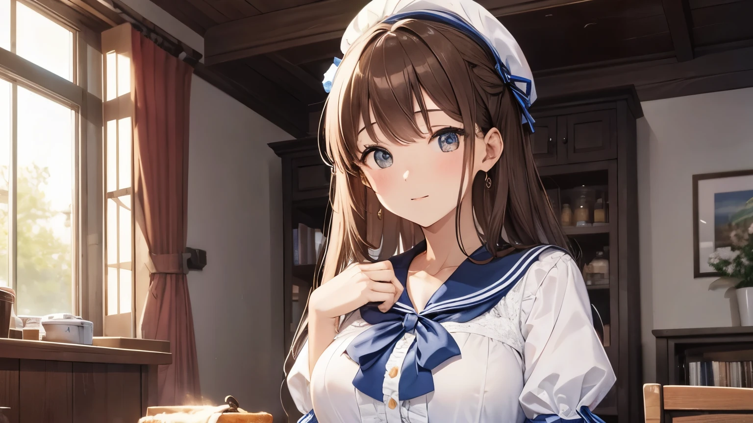 Anime girl in a white shirt and blue skirt sitting at a table - SeaArt AI