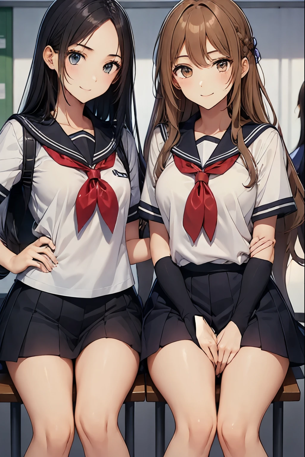 Two high school girls touching each other's crotches in the classroom、seductive smile、Drawing from head to toe、nsfw